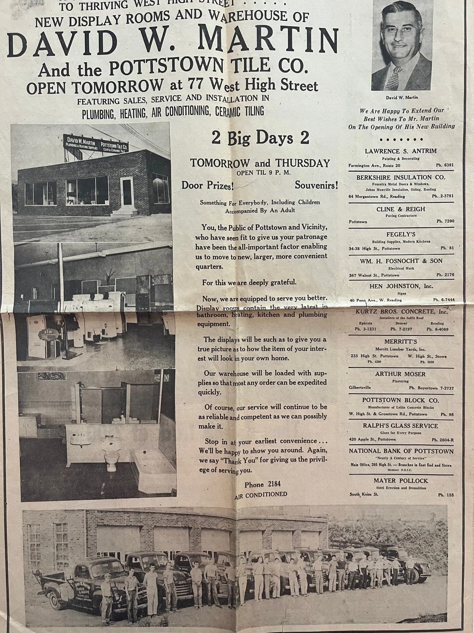 A preserved newspaper clipping announcing new display rooms and a warehouse for David W. Martin in Pennsylvania, with photos of the building, fixtures, and plumbing team